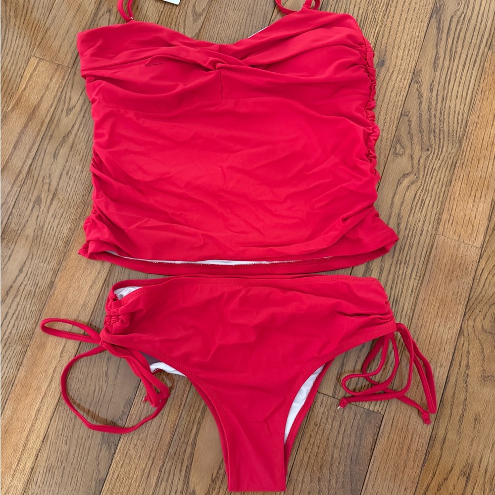 New Beachsissi Red Ruched Tankini Set with cute tie bikini bottoms. Size Medium